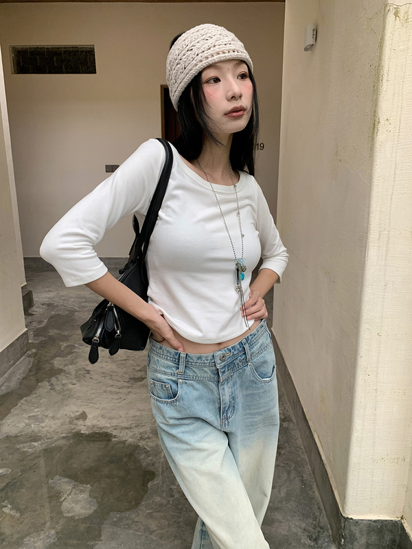 [9hour]美式甜辣风正肩t恤女 2025秋季百搭中袖微弹上衣女c250635|undefined
