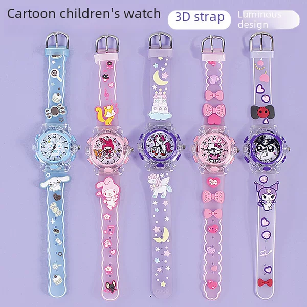 3D cartoon watch Sanrio colorful luminous children's quartz watch melody KT cat student pointer watch