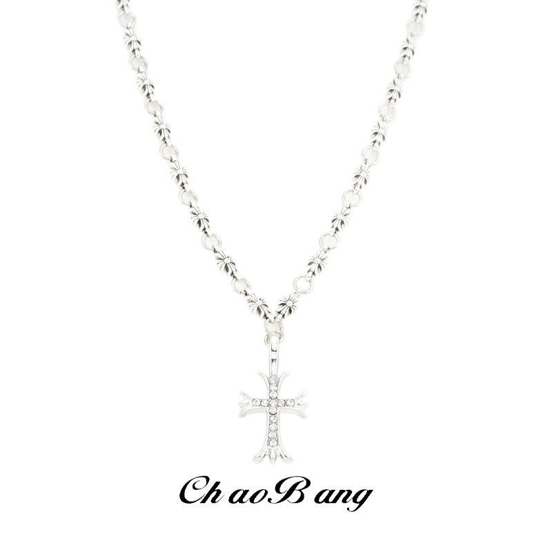 Crow White Gold Diamond Cross Titanium Steel Necklace Men's Trendy Fashion Retro High-End Personalized Design Bracelet Women