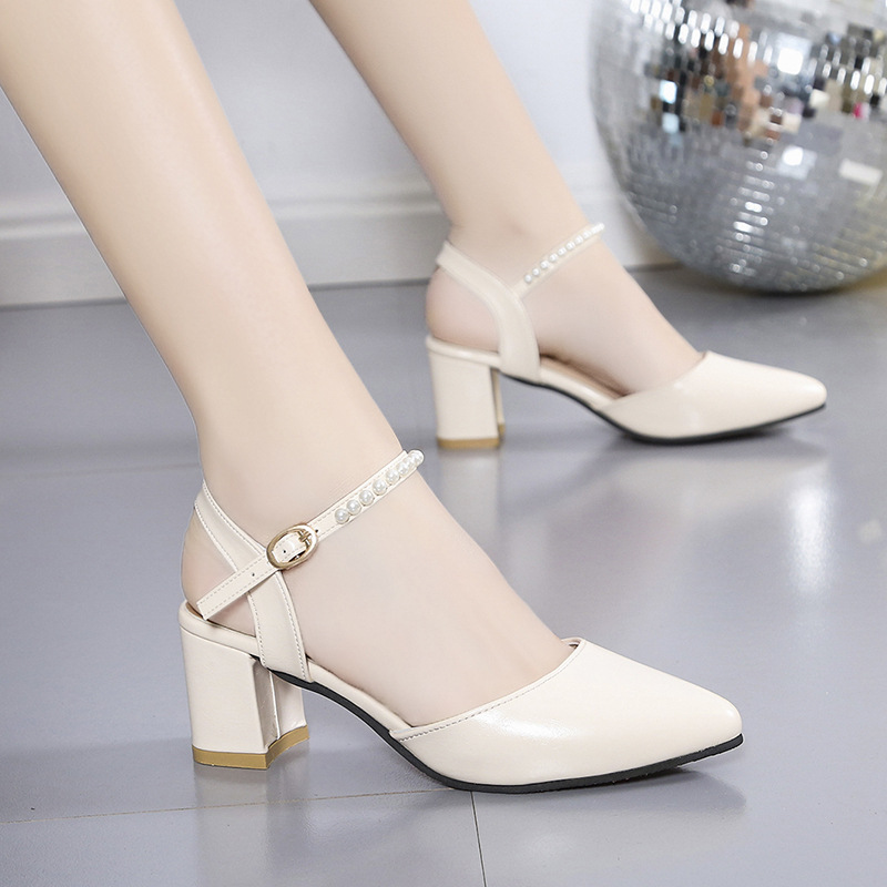Women's Fairy-Style Chunky Heel Sandals, 2025 Summer New Model, Pearl Mid-Heel, Versatile, Plus Size, Suitable For_vogvips.com