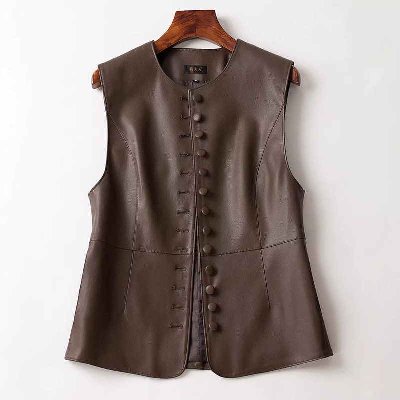 New Cross-Border Style Genuine Leather Vest for Women, Round Neck Sleeveless Jacket, Short Slim-Fit Vest, Stylish Leather Coat