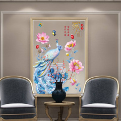 Lukang wall stickers Chinese style blue peacock home and rich lotus living room dining room bedroom entrance decoration self-adhesive stickers