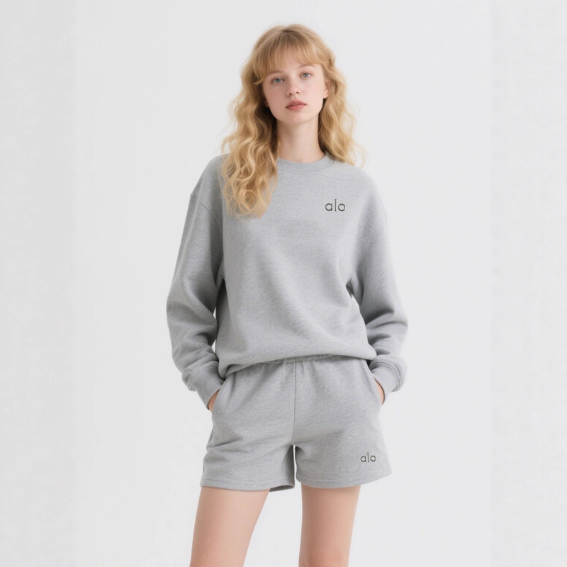 Cross-Border New Alo Alo Heavyweight Pure Cotton Round Neck Sweatshirt Plus Shorts Casual and Comfortable Sports Style Outdoor Suit