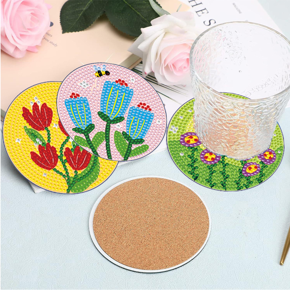 Diamante pintado diy almohadilla de taza aislante de calor tulipan taza acrílico hecha a mano diamante pintado almohadilla de taza