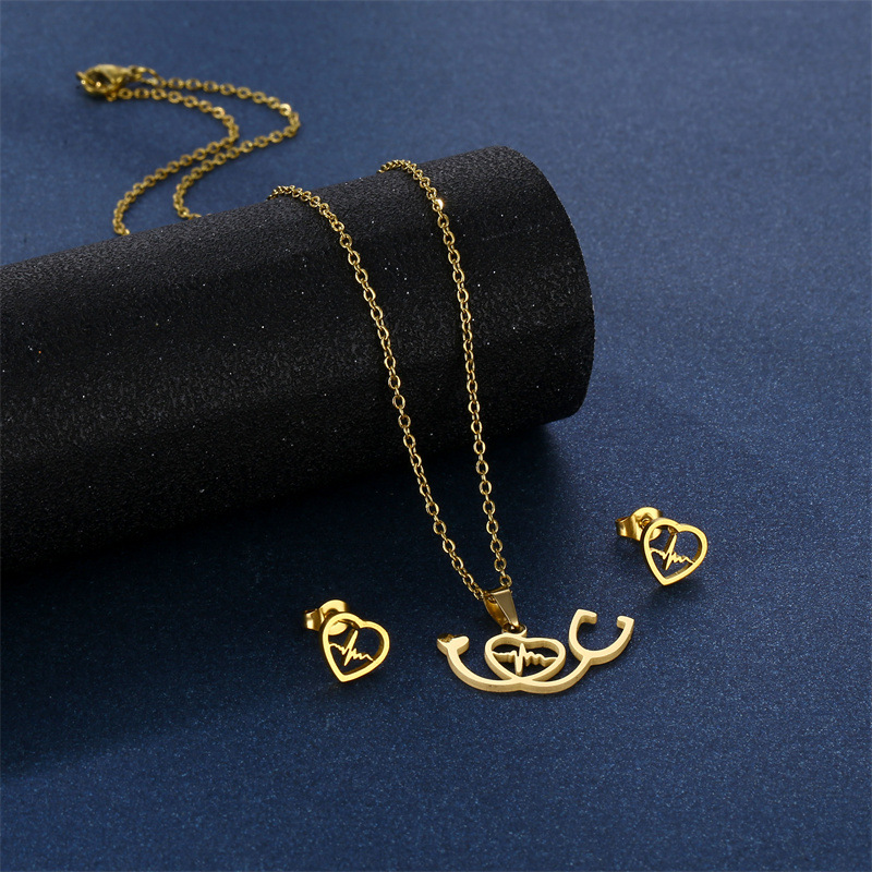 Simple Style Heart Shape Stainless Steel Earrings Necklace 1 Set