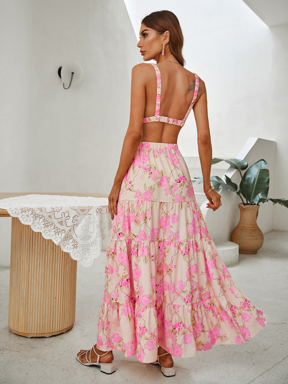 pink floral print backless knotted camisole and skirt two-piece set NSDF119909