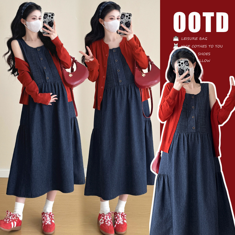 Maternity Fall Dress Set 2026 New French Style Outfit for Pregnant Mothers Denim Vest Dress Spring and Autumn Two-Piece Set Maternity Fall Dress Set 2026 New French Style Outfit for Pregnant Mothers Denim Vest Dress Spring and Autumn Two-Piece Set