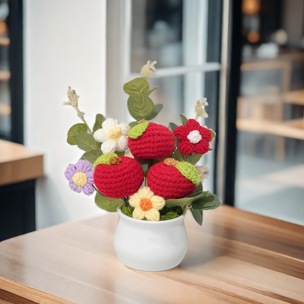 Bolsa de material de bricolaje de flores de girasol, flor tejida a mano, botella blanca pequeña, planta en maceta de punto, decoración de escritorio terminada