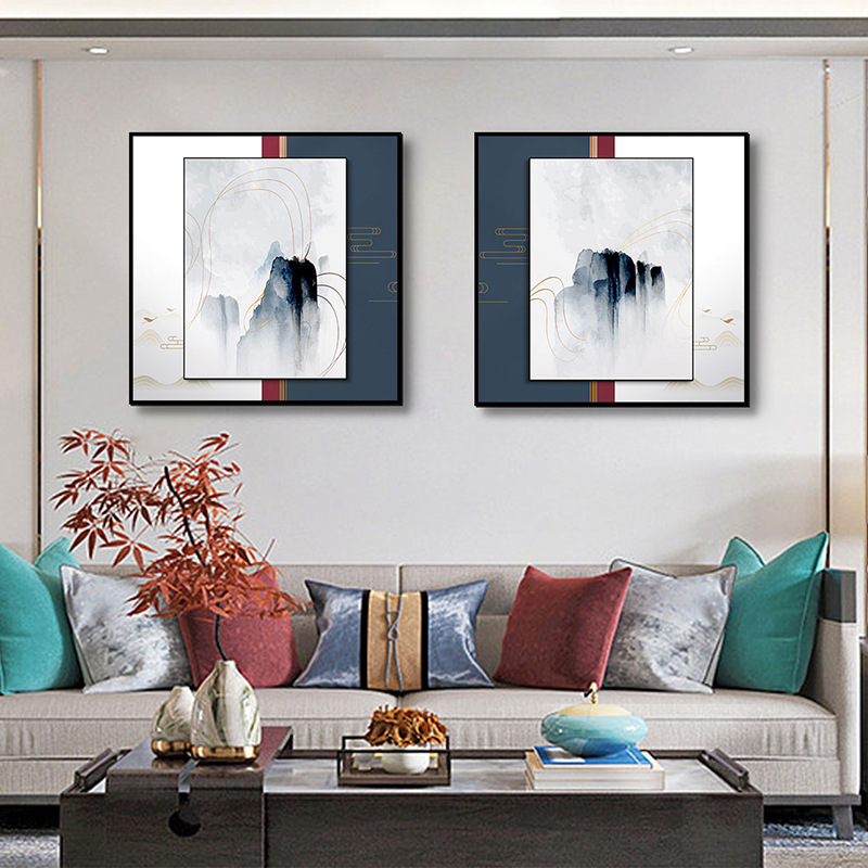 Nuevo paisaje chino paisaje sala de estar sofá Fondo pared colgante pintura marco de SEDA marco medio estudio sala de té de dos piezas pintura decorativa