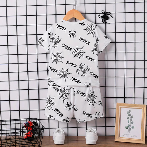 Summer Round Neck Spider Alphabet Print Short-Sleeve Top and Shorts Set for Boys in INS