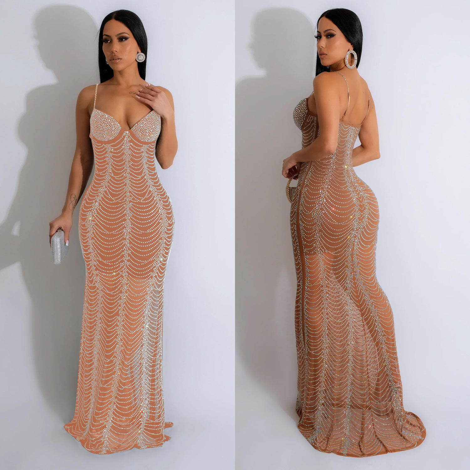C6841 transfronteriza AliExpress Amazon de las mujeres de moda europea y americana de color sólido de malla de diamantes de imitación con falda larga vestido