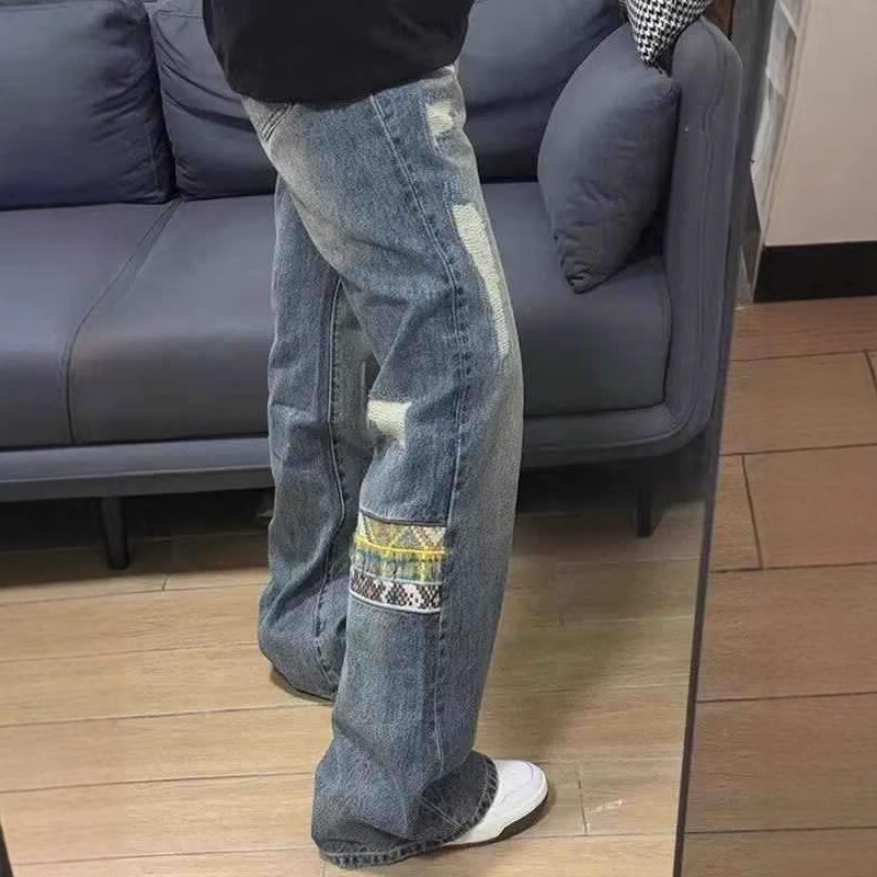 Ethnic Style Patchwork Denim Jeans for Men, American Retro Pants, Clean Fit, Drapey Straight-Leg Flared Pants, Trendy