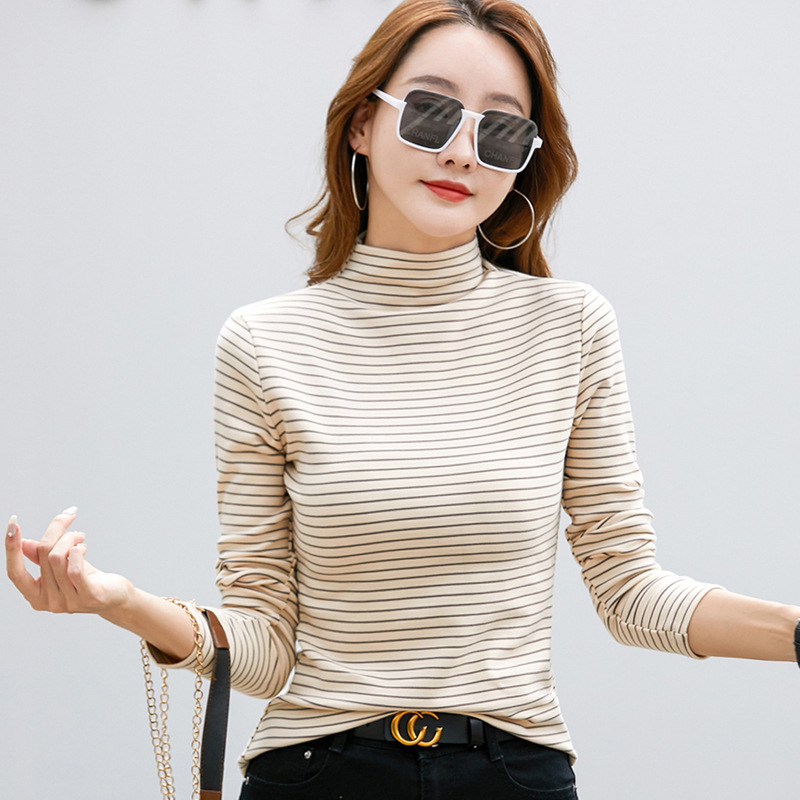 2022秋季新款韩版修身95棉条纹半高领长袖T恤女式打底衫一件代发