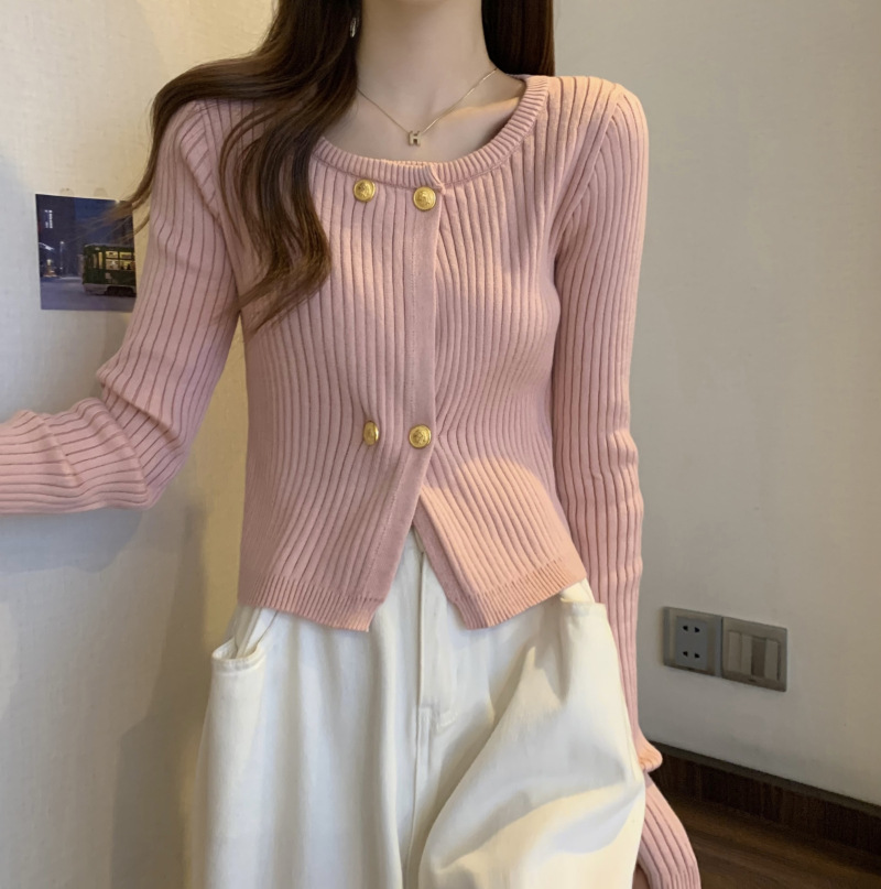 【中国直邮】茵如澜 复古方领秋冬新款小众百搭修身针织开衫 白色