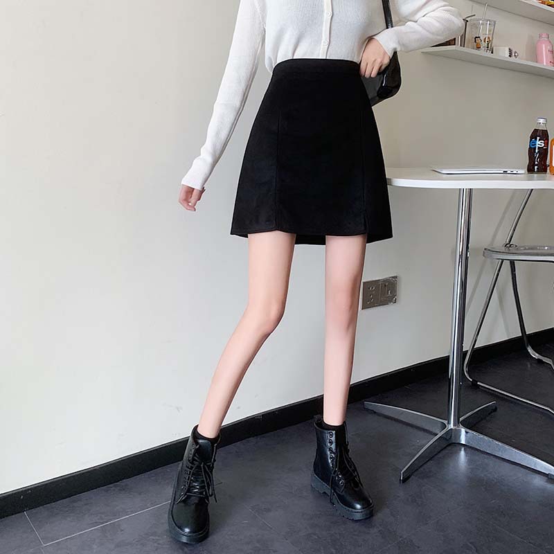 GraceChic GraceChic GraceChic 2023 Autumn Winter High Waist Split Suede Velvet Midi Plus Size Slimming A-line Bodycon Versatile Black Short Skirt_voghion.com