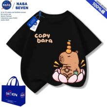 NASA可爱卡皮巴拉短袖男女童夏季超萌水豚君纯棉T恤透气中大童装