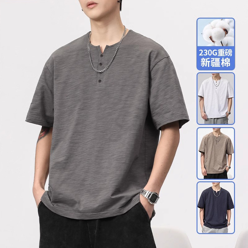Popular Xinjiang Cotton and Linen Short-Sleeved T-Shirt Men's Summer Thin Quick-Drying Linen Top Summer Versatile Henley Collar T-Shirt