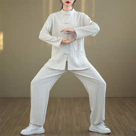太极服两件套新中式晨练棉麻套装中式盘扣唐装练功服居士服长袖秋