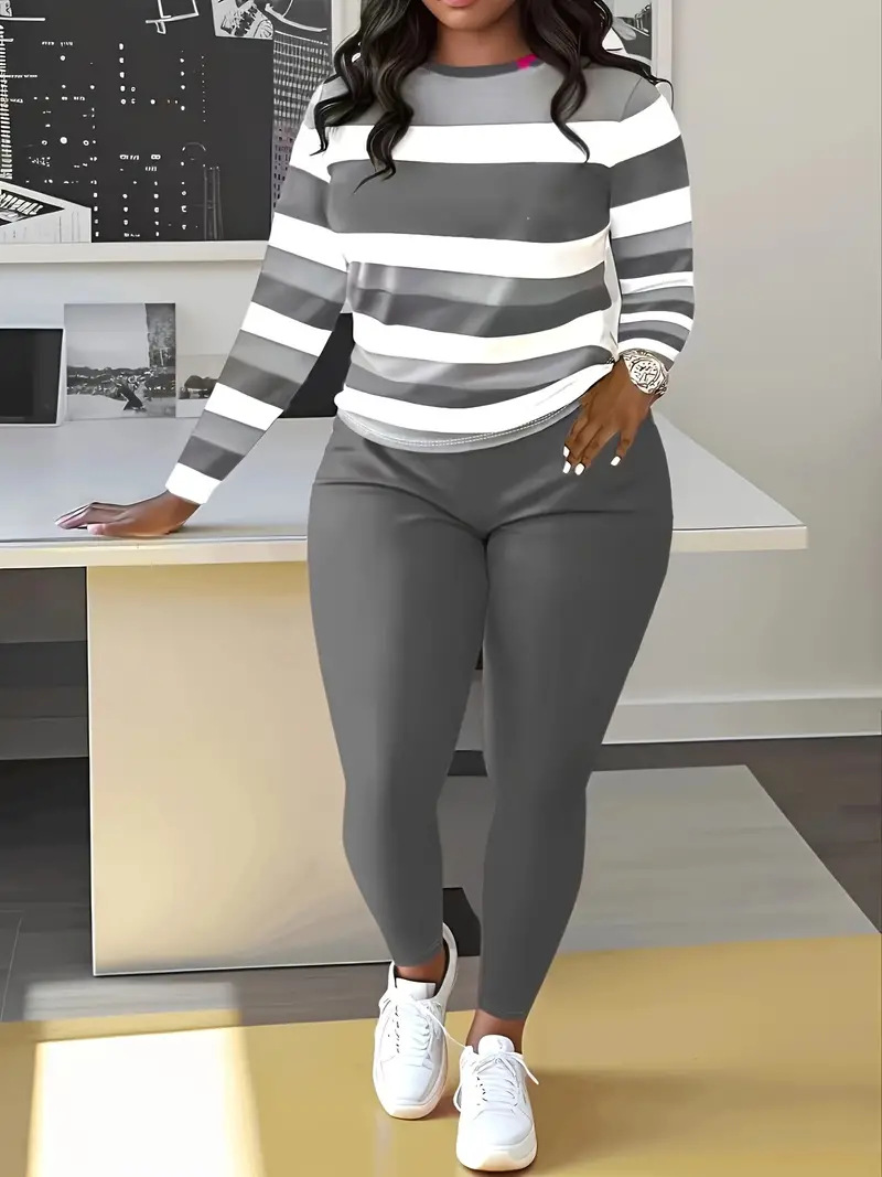 Women's Clothing Two piece Suit Long Sleeve Round Neck Striped Color Block T shirt Comfortable Sports_voghion.com