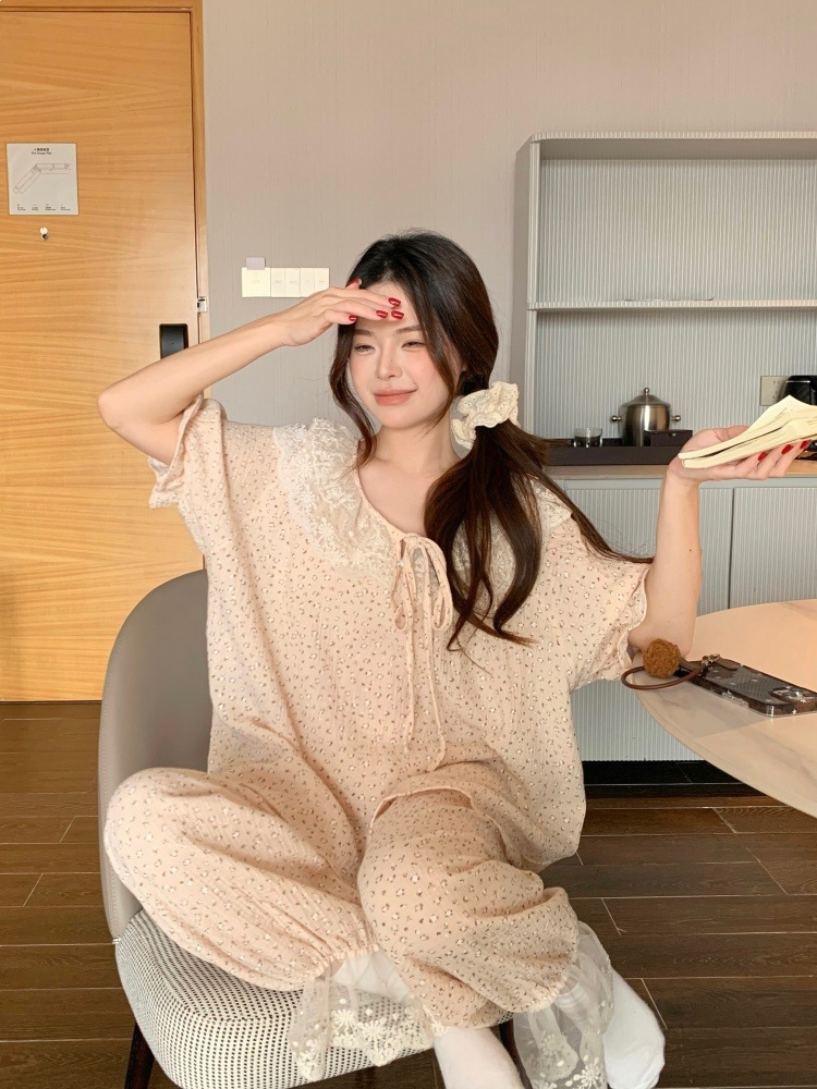 韩版公主风宽松软绵双纱短袖睡衣女夏季外穿家居服套装连衣裙睡裙