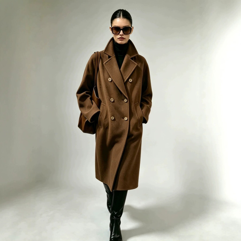 101801 Women's Woolen Coat, m Brand Classic Double-Breasted Sheep Wool Cocoon-Shaped Loose Autumn and Winter Long Coat 101801 Women's Woolen Coat, m Brand Classic Double-Breasted Sheep Wool Cocoon-Shaped Loose Autumn and Winter Long Coat