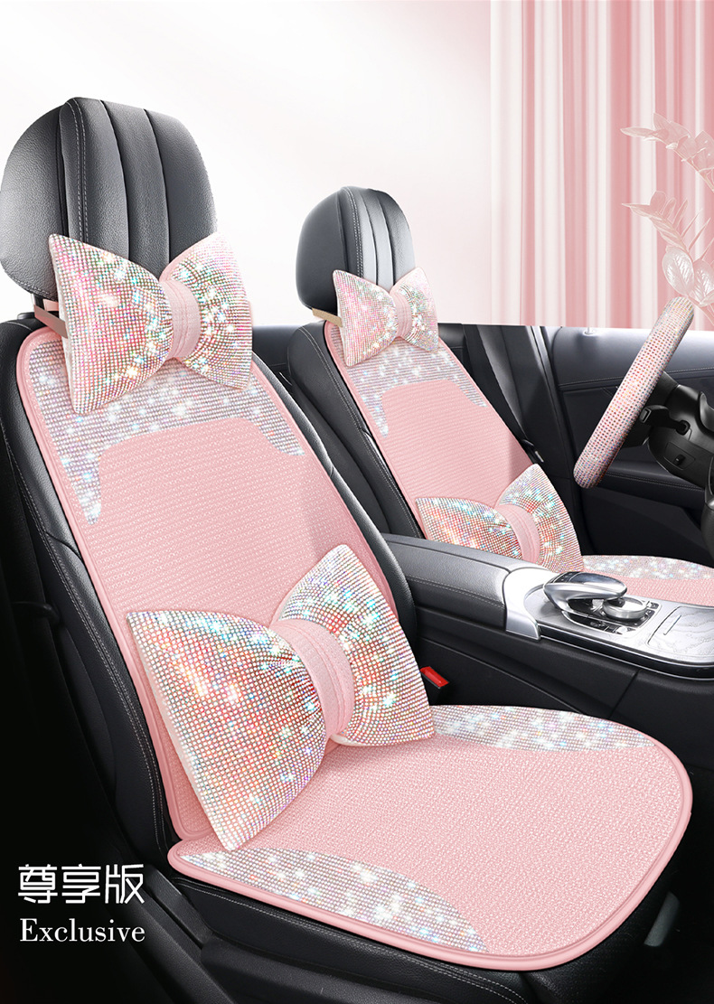 Women's Car Cushion Summer Cool Cushion High-end Atmospheric Full Diamond Car Seat Cushion Pink Four Seasons Universal Three-piece Set