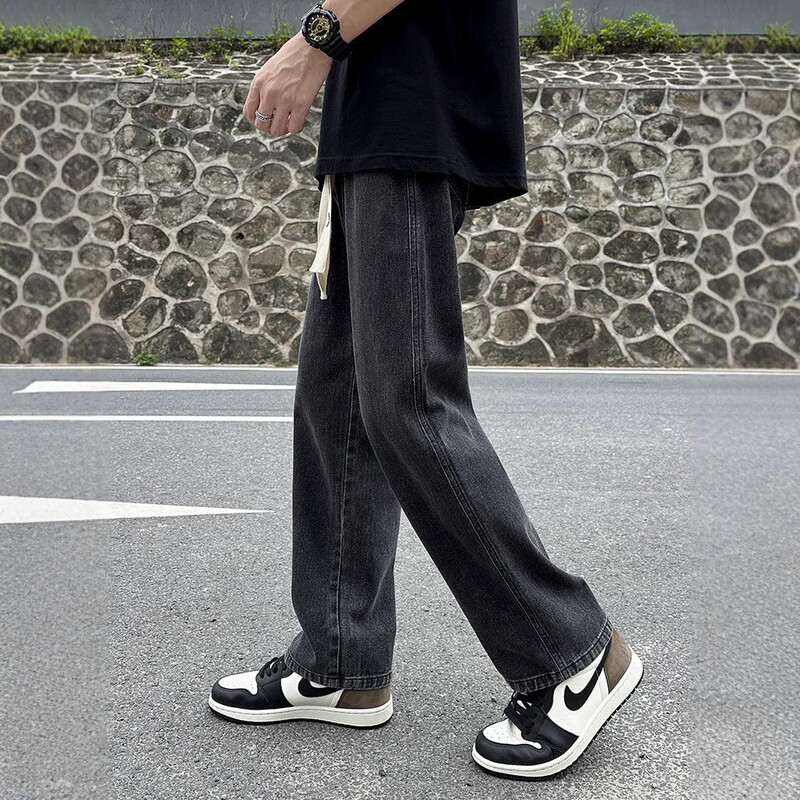 Light Blue Jeans Men's Summer Drawstring Elastic Waist Loose Straight Pants American High Street Vibe Style Pants for Men Light Blue Jeans Men's Summer Drawstring Elastic Waist Loose Straight Pants American High Street Vibe Style Pants for Men