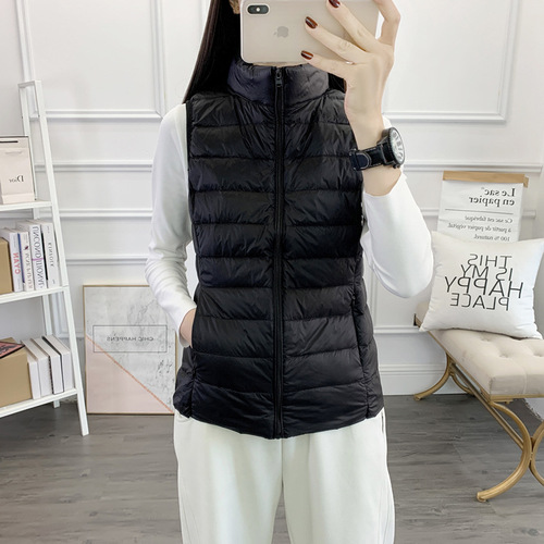 Winter and Autumn Outdoor Down Vest Women's Short Sleeve Stand Collar Slim Light Warm White Duck Down No Filling Vest 