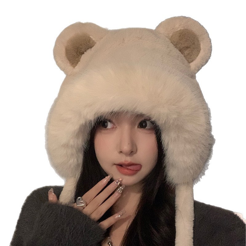 秋冬の女性用のかわいいクマのぬいぐるみ帽子、厚みのあるベルベットの耳保護帽子、顔が小さく見える、新しいスタイル、多用途で暖かい雷峰帽子|undefined