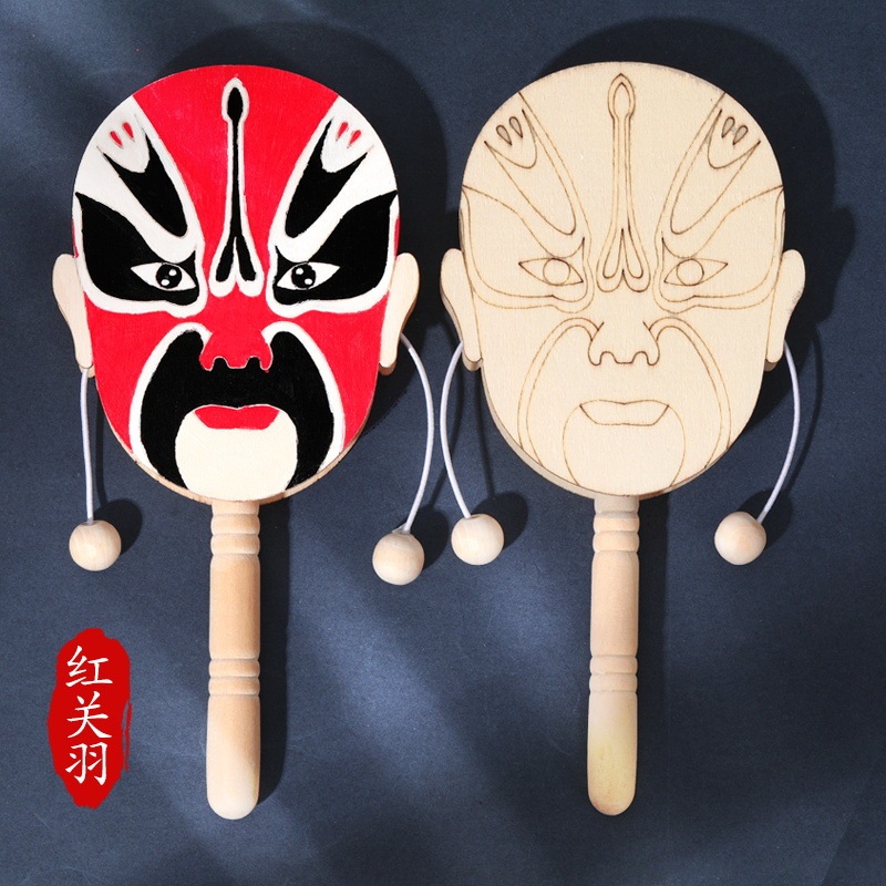 京劇の顔の譜は波を打って太鼓を打ちますdiy子供の手作りの木質の伝統の国風はおもちゃの絵画を持って色の木の白胚を塗ります。|undefined