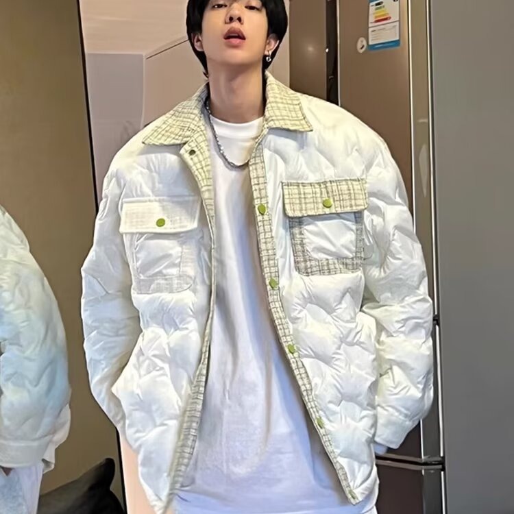 Estilo coreano solapa otoño e invierno abrigo nuevo estilo a cuadros estilo Chanel abrigo de pan de los hombres de moda casual engrosada abrigo cálido