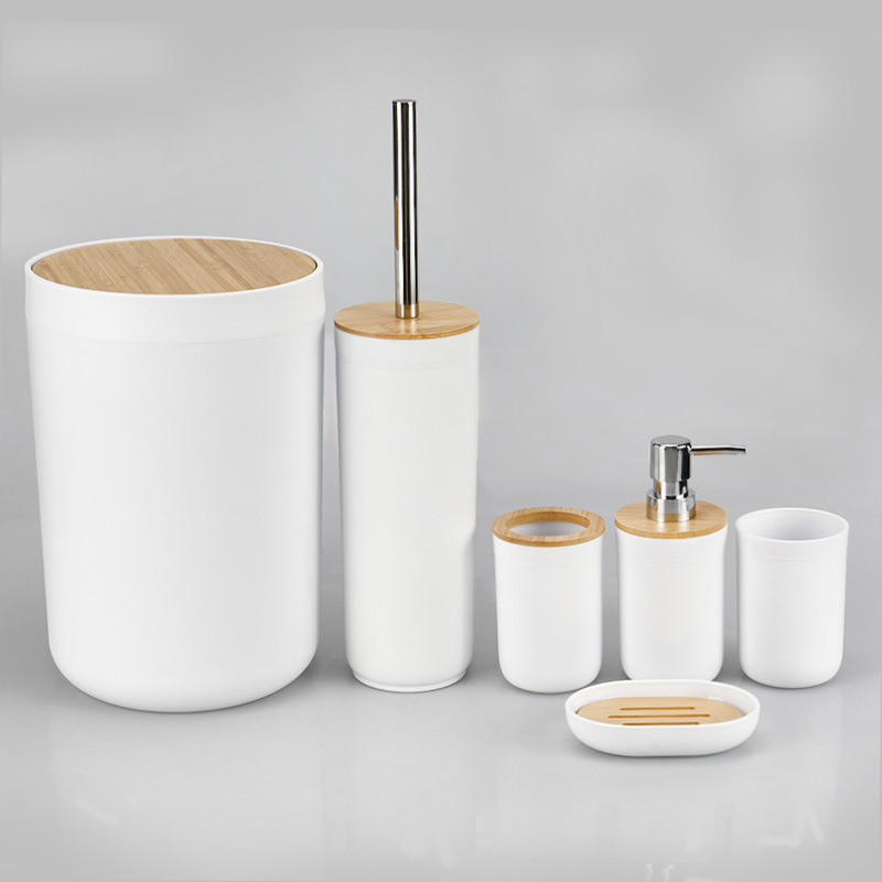 Bambú cubierta de la basura puede Almacenamiento de baño de seis piezas conjunto de color sólido lavado de almacenamiento traje de baño suministros