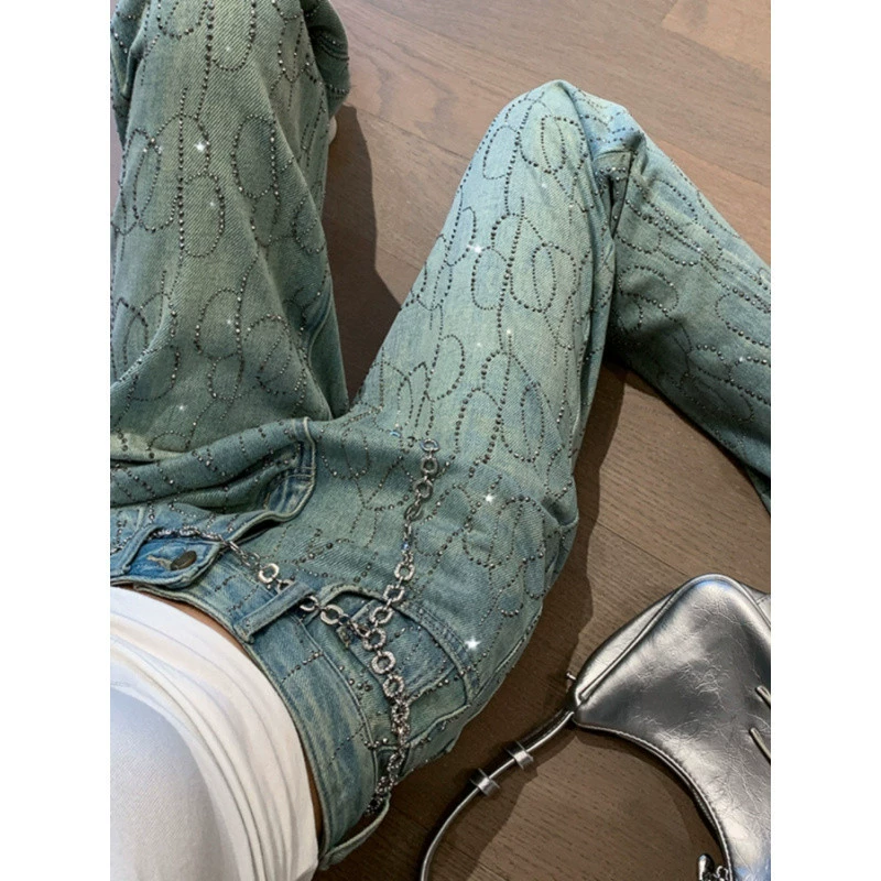 Z3J звездное небо, сверкающие джинсы с бриллиантами и горячими стразами для женщин, новый стиль 2025 года, утягивающие свободные прямые брюки с высокой талией и стразами