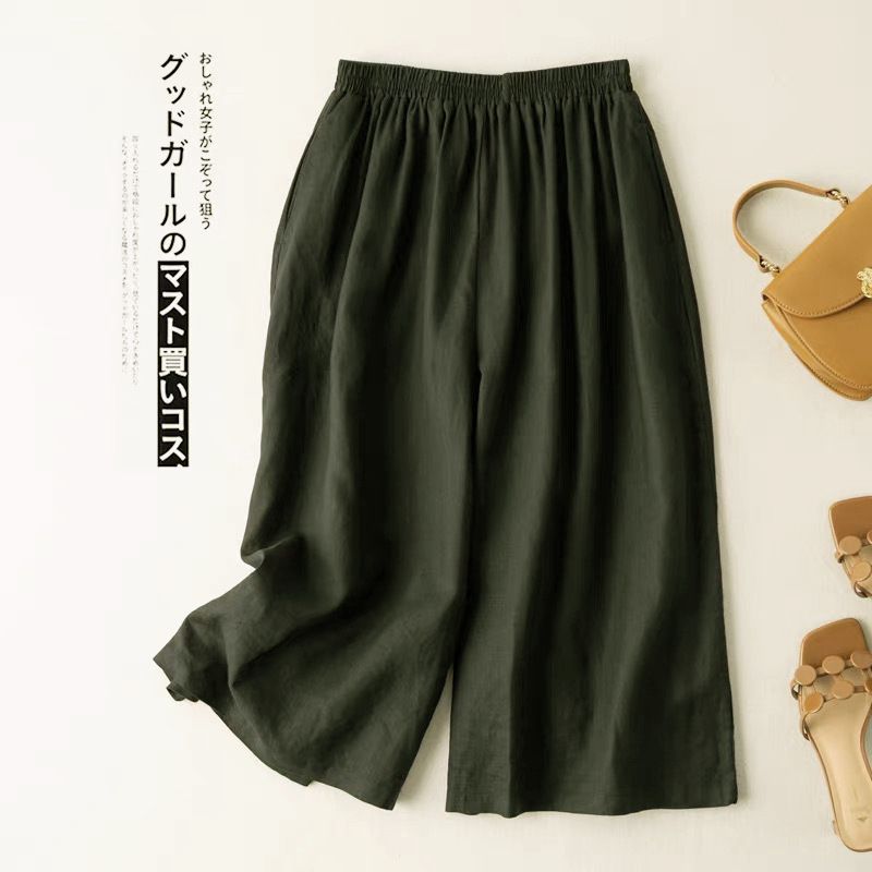 2026 Summer Solid Color Cotton Linen Wide-Leg Casual Women's Vintage Large Size Linen Capri Pants
