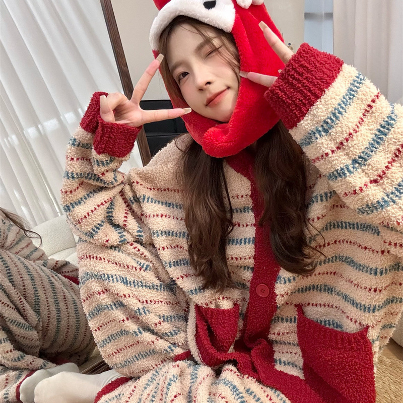 【现货】复古半边绒大码睡衣女冬季新款加绒加厚本命年家居服套装|undefined