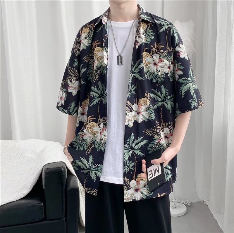 Hong Kong estilo Retro Vintage floral camisa manga corta Estilo Hawaiano tailandés diseño Ruan guapo camisa suelta para hombres y mujeres