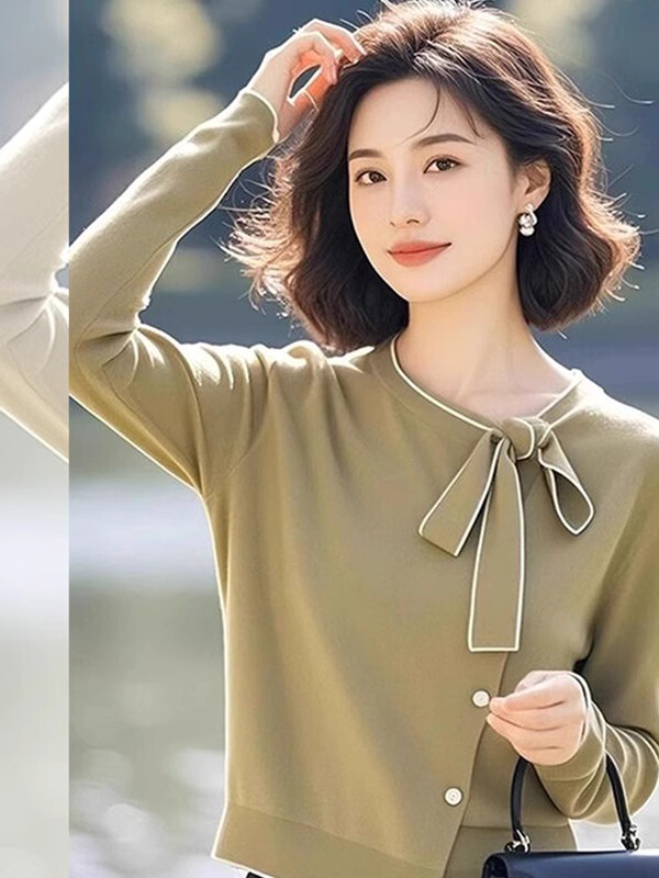 减龄绿色系带长袖针织毛衣女巨好看的一整套新款百褶半身裙两件套|undefined