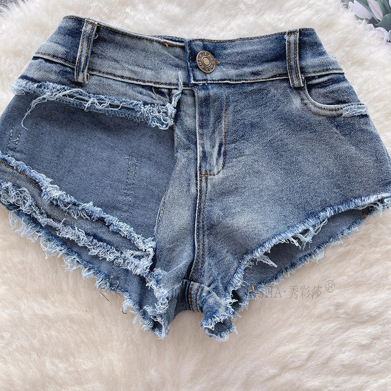 Women’s Sexy Denim-Look Hot Pants Shorts, Blue Polyester, One Size — detail image 12