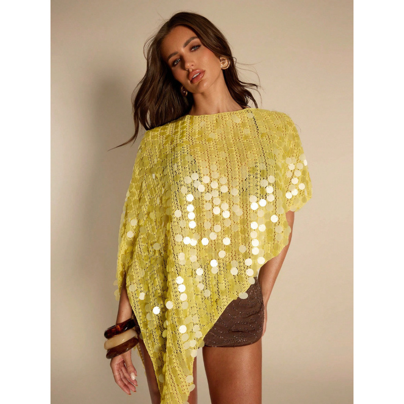 Cross-border European and American style sequined openwork loose cape with irregular hem, top with irregular one-piece cape
