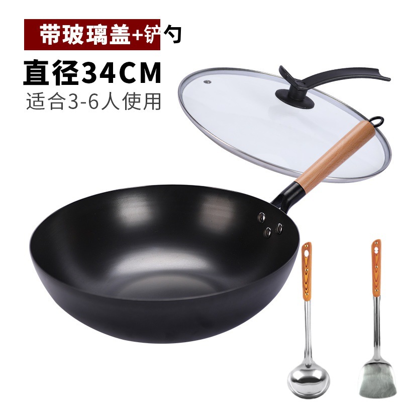 34cm 깊이 질화 평면 단일 냄비 + 유리 뚜껑 + 삽 + 숟가락 [냄비 준비]