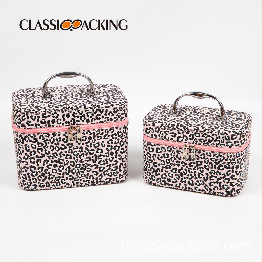 Caja de belleza portátil de PVC con estampado de leopardo al por mayor, bolsa de cosméticos impermeable portátil de viaje de negocios, material intercambiable, logotipo