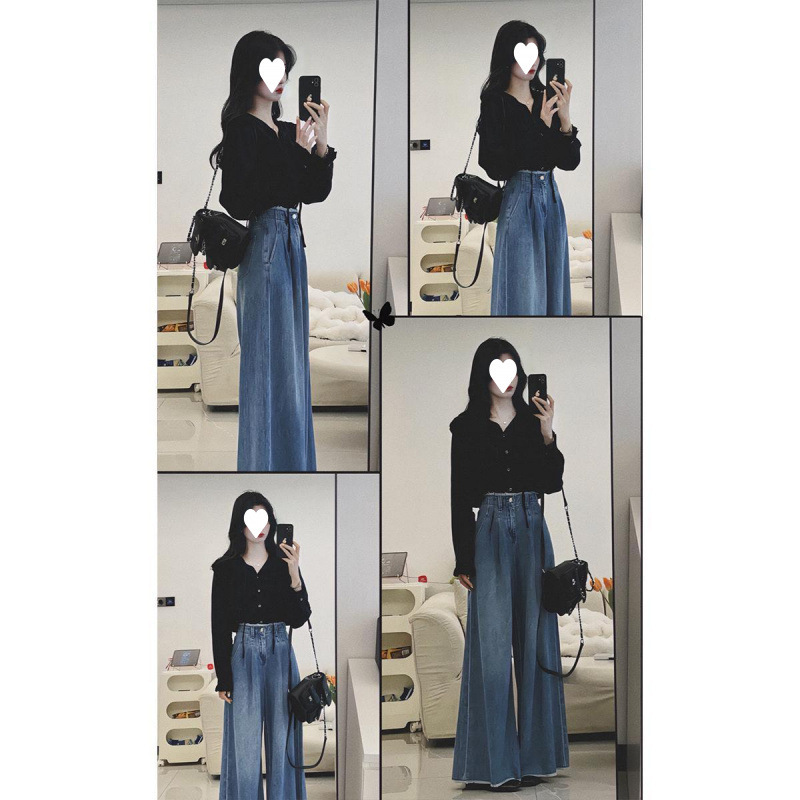 秋装搭配一整套大码胖mm衬衫阔腿牛仔裤子时尚复古高级两件套装女|undefined