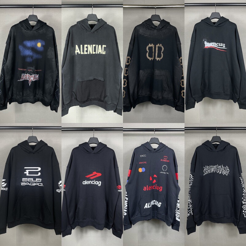 Authentic Parisian Fashion Brand B's Cola Embroidered Flame Letter Logo Distressed Print Hooded Long-Sleeve Sweatshirt