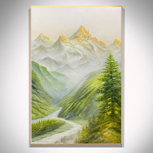 Sunshine over the Golden Mountain Pure Hand-Painted Oil Painting, Simple and Light Luxury Living Room Landscape Hanging Painting, Entrance Hallway Decorative Painting with Good Meaning, Vertical