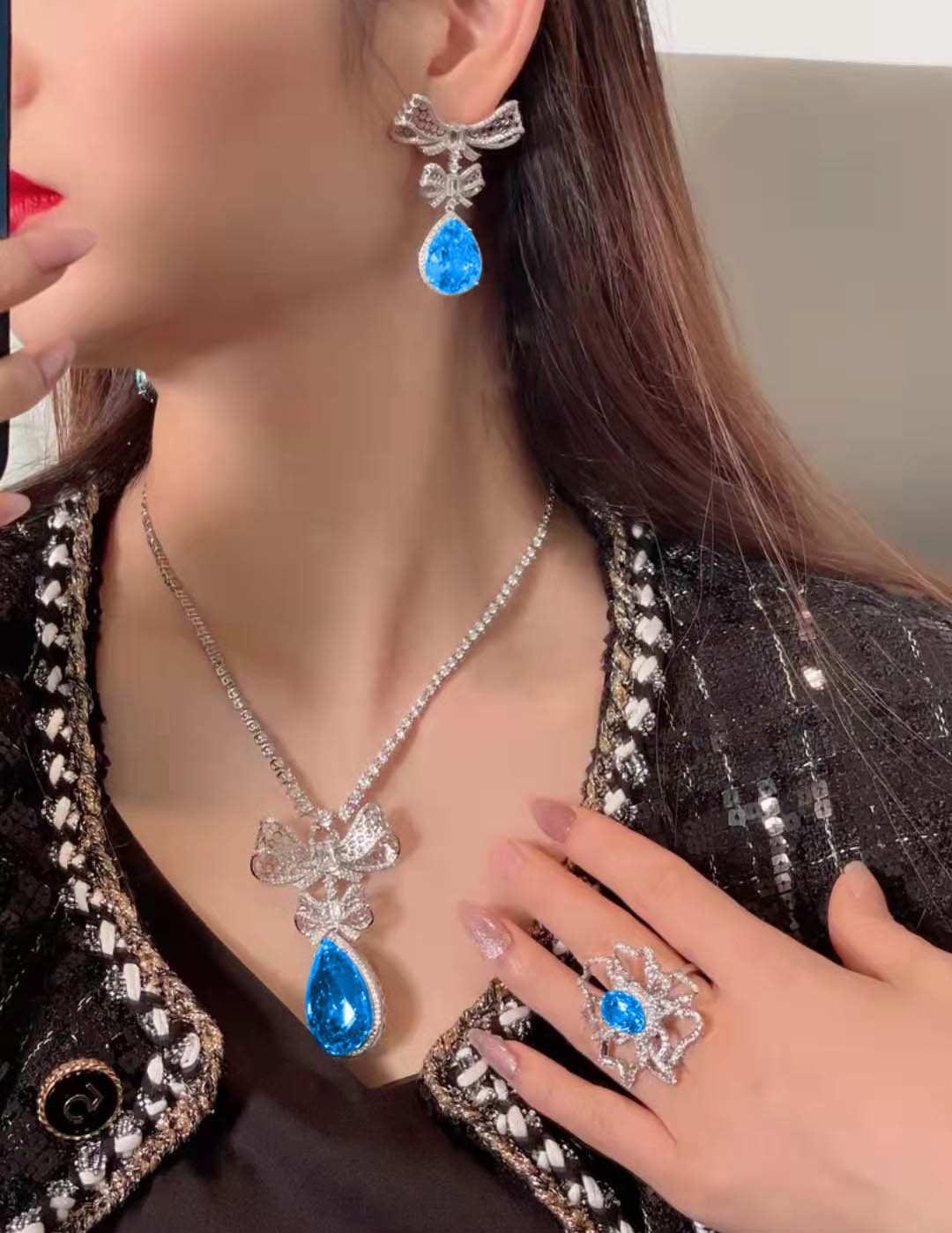 light luxury full diamond topaz blue suit bow necklace earrings ring female