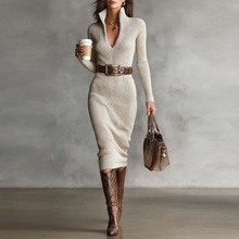 欧美2025跨境亚马逊法式高级感早秋新款气质名媛收腰长袖连衣裙女