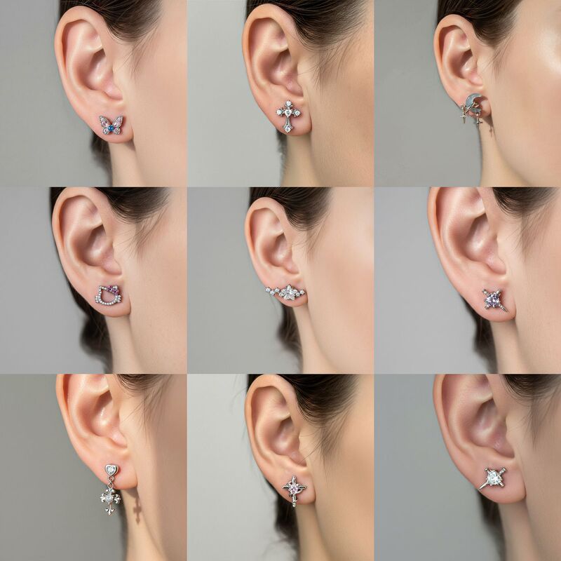 Titanium Steel Ear Studs with Sparkling Zircon Cross, Starburst Pendant Ear Studs, Niche Versatile High-End Earrings
