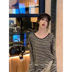 美式复古条纹长袖T恤女2025早秋南油新款时尚宽松百搭女装ins上衣