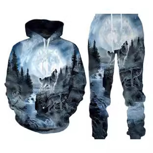 Design of Cross-border Clothing New Animal Wolf 3D Print Hooded Sweatshirt and Leggings Set for Spring and Autumn Season for Men