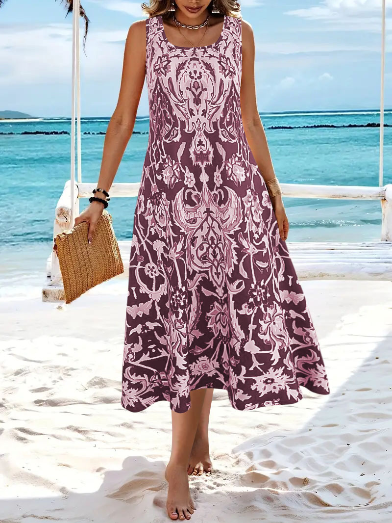 2025 Cross-Border Foreign Trade Bohemian Printed For Women, Summer Fashionable Elegant Round Neck Sleeveless Long Dress_ecoleips.com